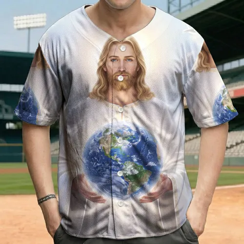 Divine Figure Robes Earth Globe Halo - Spiritual Gifting Baseball Jersey