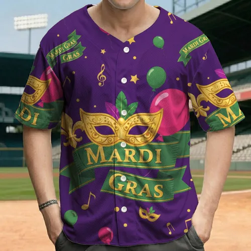 Mardi Gras Banner Mask Fleur-de-lis Balloons Stars - Celebration Baseball Jersey