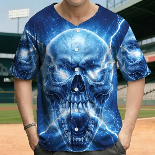 Electric Blue Screaming Skull Eye Glow Jagged Lightning - Everyday Wear Gift Baseball Jersey