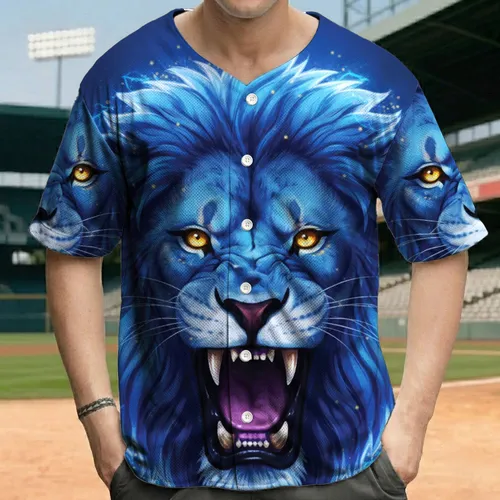 Fierce Roaring Blue Lion Head with Golden Eyes - Wildlife Lover Gift for Lion Lovers Baseball Jersey