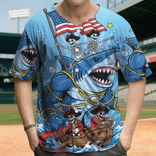 Blue Shark Skeletons American Flag Pirate Boat - Independence Day Gift for American Patriots Baseball Jersey