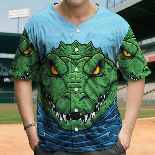 Green Crocodile Orange Eyes Blue Water Jungle Foliage Light Sky - Wildlife Lover Gift Baseball Jersey
