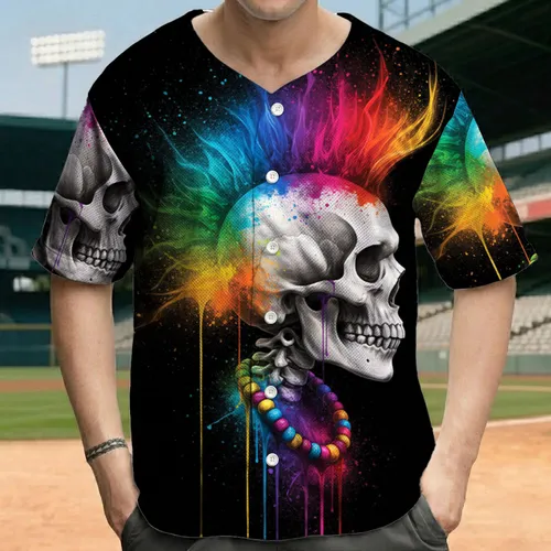 Human Skull Mohawk Plume Flame Strands Paint Splatter - Skull Lover Gift Baseball Jersey