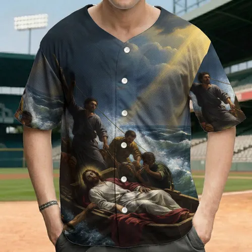 Jesus Sleeping in Storm Boat, Disciples Struggle - Faithful Inspiration for Christian Believers Baseball Jersey