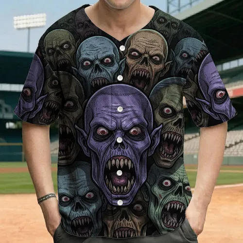 Decayed Fanged Zombie Ghoul Faces Crowd - Halloween Party for Horror Fans Baseball Jersey
