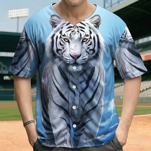White Tiger Black Stripes Golden Eyes Swirling Blue Clouds - Wildlife Lover Gift Baseball Jersey