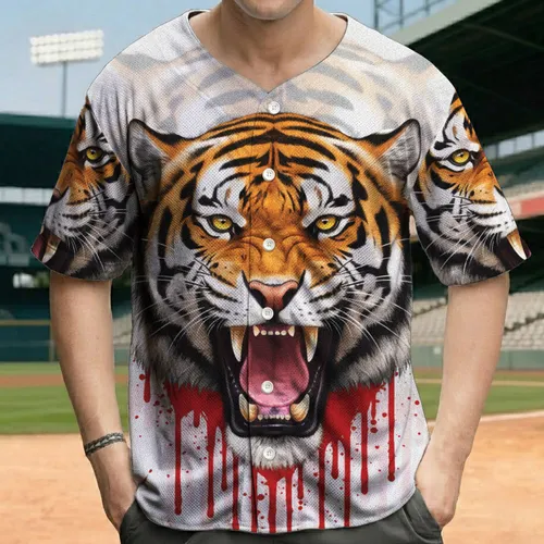 Roaring Tiger Head Mouth Open Fangs Yellow Eyes - Wildlife Lover Gift Baseball Jersey
