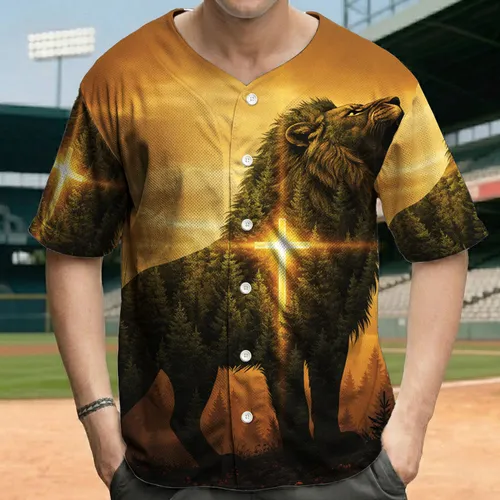 Radiant Golden Cross Roaring Lion Pine Forest - Spiritual Nature Gift for Believers Baseball Jersey