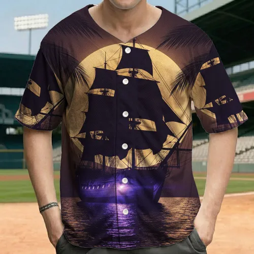 Electric Purple Galleon Full Moon Tropical Seascape - Sailor Gift Baseball Jersey