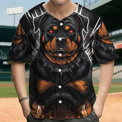 Rottweiler Three Dog Faces Glowing Red Eyes Fiery Flames Spiked Collar - Dog Lifestyle Gift Baseball Jersey