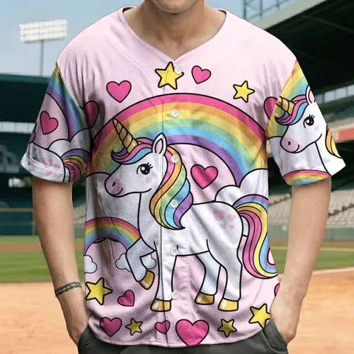 Unicorn Golden Horn Rainbow Pink Hearts Yellow Stars - Fantasy Lover Gift for Kids Baseball Jersey