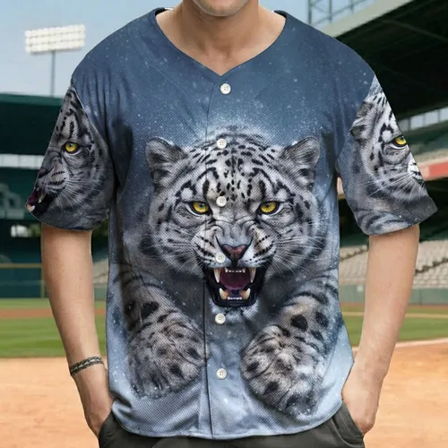 Lunging Snarling Snow Leopard Icy Winter Night Falling Snow - Wildlife Lover Gift Baseball Jersey