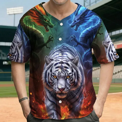 White Tiger Dragon Fiery Flames - Fantasy Wildlife Gift Baseball Jersey