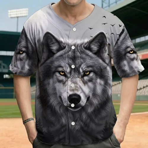 Majestic Grey Wolf Head Misty Dense Forest Full Moon Black Birds - Wildlife Lover Gift Baseball Jersey