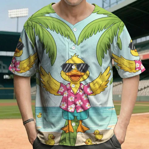 Yellow Duck Sunglasses Hawaiian Shirt Palm Tree Tropical Island Getaway Baseball Jersey