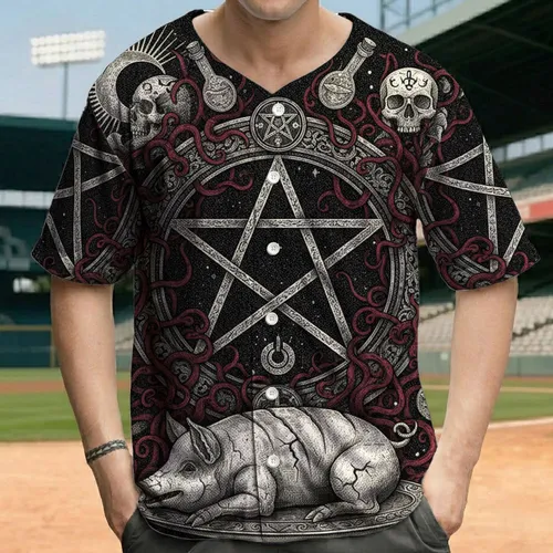 Pentagram Roasted Pig Skulls Occult Symbols - Fantasy Realm Gift Baseball Jersey