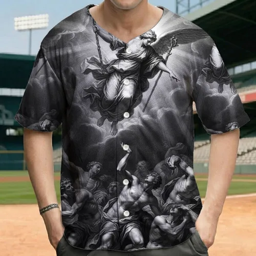 Dramatic Descending Winged Figure, Awe-Struck Mortals - Classical Chiaroscuro Gift Baseball Jersey