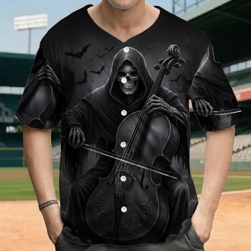 Skeletal Grim Reaper Cello Player Ominous Sky - Music Lover Gothic Gift Baseball Jersey