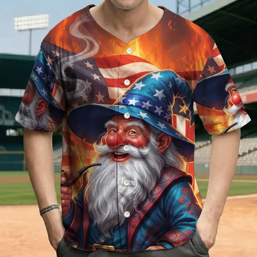 Patriot Gnome American Flag Fiery Flames - Independence Day Gift for Veterans Baseball Jersey