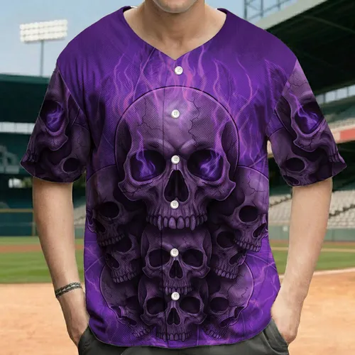 Cracked Human Skulls Purple Flames Ghostly Feathers - Dark Fantasy Lover Gift Baseball Jersey