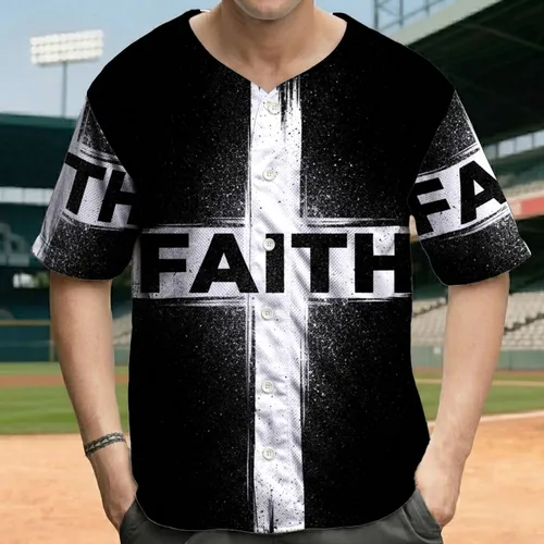 Distressed White Christian Cross FAITH Text Black Background - Christian Lifestyle Gift Baseball Jersey