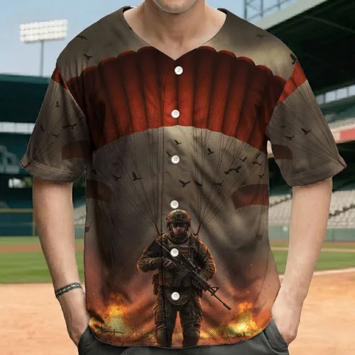 Military Paratrooper Flaming Battlefield - Veteran Remembrance for Military Families Baseball Jersey
