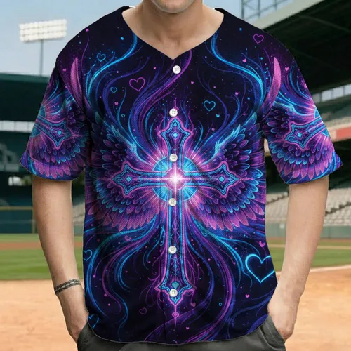 Cosmic Ornate Cross Feathered Wings Swirling Tendrils Glowing Hearts - Faith Lifestyle Gift Baseball Jersey