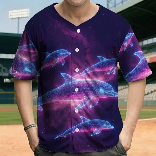Electric Blue Pink Glowing Wireframe Dolphins Cosmic Nebula - Synthwave Enthusiast Gift Baseball Jersey