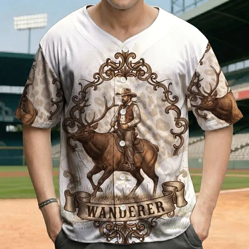 Lone Cowboy Riding Elk Wanderer Banner Scrollwork - Western Lifestyle Gift for Cowboy Fans Baseball Jersey