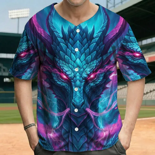 Fantasy Dragon Head Teal Scales Red Eyes Cosmic Nebulae - Fantasy Lover Gift Baseball Jersey