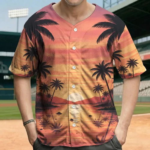 Tropical Sunset Landscape Palm Trees - Island Vacation Travel Essential Baseball Jersey