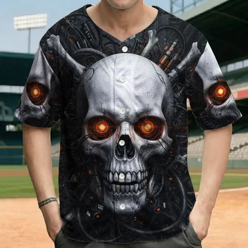 Weathered Cyborg Skull Orange Eyes Industrial Wiring - Sci-Fi Fan Gift Baseball Jersey