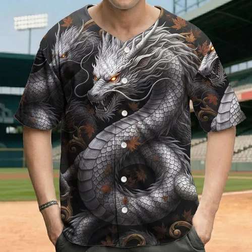 Majestic Oriental Dragon Autumn Leaves Golden Scrolls Dramatic Sky - Fantasy Lover Gift Baseball Jersey