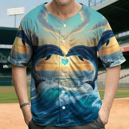 Dolphins Heart Sea Spray Ocean Waves Sunset Sky - Marine Life Lover Gift Baseball Jersey