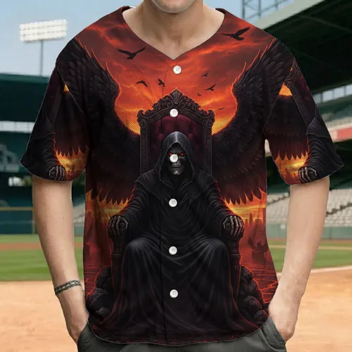 Grim Reaper Throne Fiery Volcanic Sunset - Dark Fantasy Lover Gift Baseball Jersey