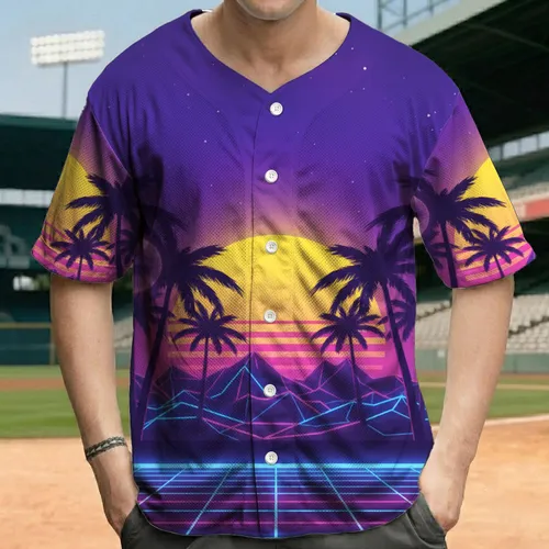 Glowing Yellow Sun Silhouetted Palm Trees Retro-Futuristic Digital Grid Landscape - Casual Day Wear Baseball Jersey