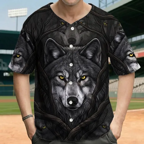 Piercing Yellow Eyes Grey Wolf Head Gnarled Forest Branches - Wolf Lover Gift Baseball Jersey