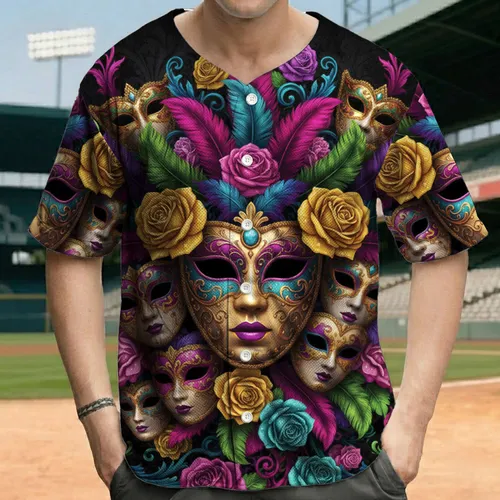 Ornate Venetian Masquerade Mask Feathers Roses Foliage - Masquerade Celebration Gift Baseball Jersey