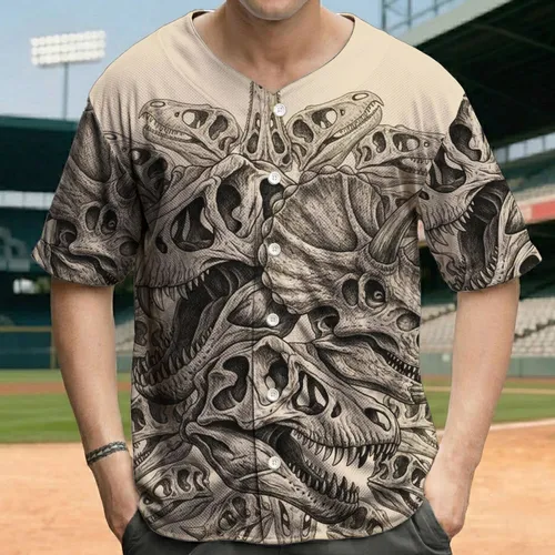 Detailed Dinosaur Skulls T-Rex Triceratops - Paleontology Enthusiast Gift Baseball Jersey