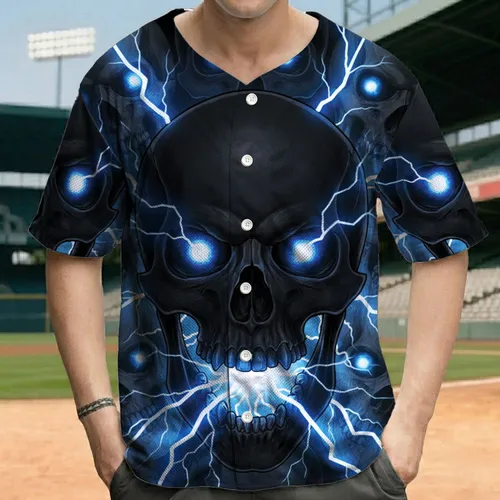 Black Skull Electric Blue Lightning Storm with Dark Skulls - Dark Fantasy Enthusiast Gift Baseball Jersey