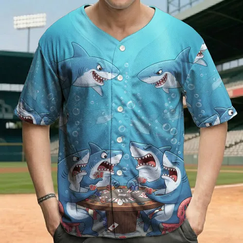 Cartoon Sharks Playing Cards Underwater - Poker Player Game Night Gift Baseball Jersey