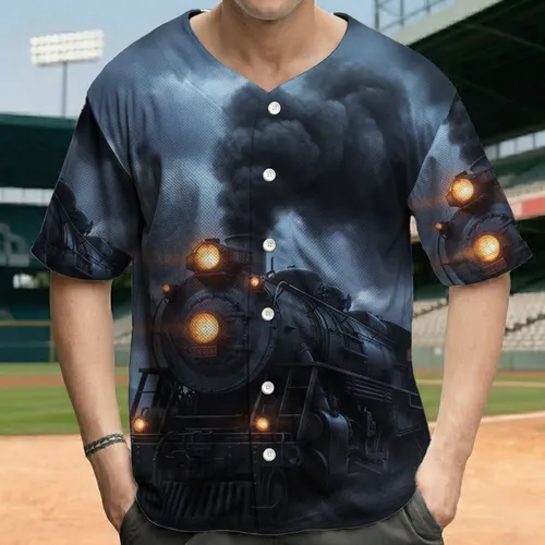 Vintage Steam Locomotive Dark Stormy Sky - Train Enthusiast Gift Baseball Jersey