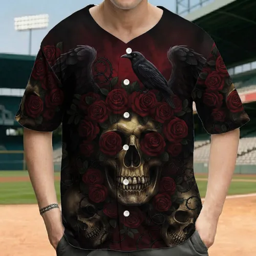 Gothic Skull Red Roses Feathered Wings - Gothic Fantasy Lover Gift Baseball Jersey