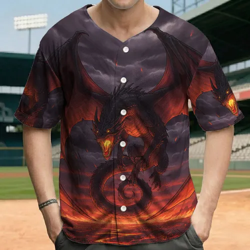 Roaring Black Dragon Fiery Volcanic Stormy Landscape - Dragon Lover Gift Baseball Jersey