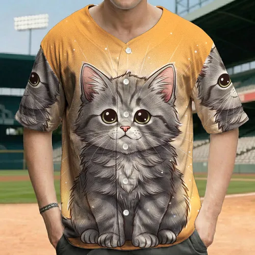 Large Fluffy Grey Kitten Pink Ears Nose Paws Sitting Upright - Everyday Wear Cat Lover Gift Baseball Jersey