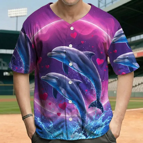 Leaping Dolphins Crystalline Water Hearts Pink Purple Nebula - Dolphin Lover Gift Baseball Jersey