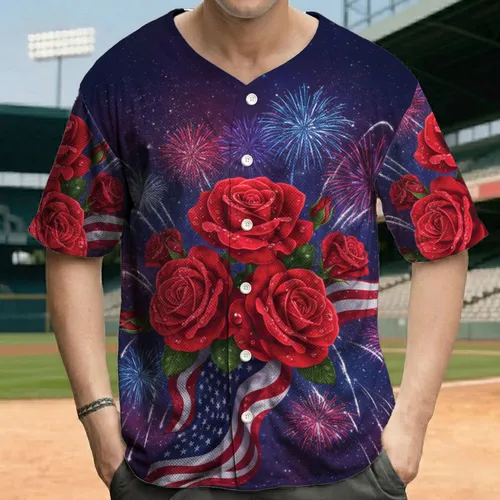 Red Roses Fireworks USA Flag - Independence Day Gift for Veterans Baseball Jersey