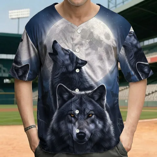 Luminous Full Moon Howling Gray Wolves Dark Pine Forest Stars Night Sky - Wildlife Lover Gift Baseball Jersey