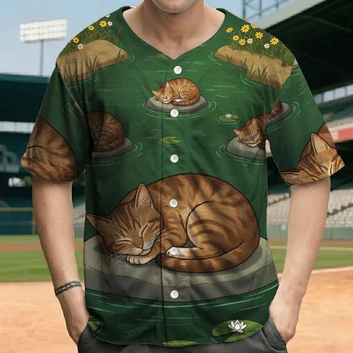 Sleeping Tabby Cats on Rocks Pond Wildflowers - Wildlife Lover Gift Baseball Jersey