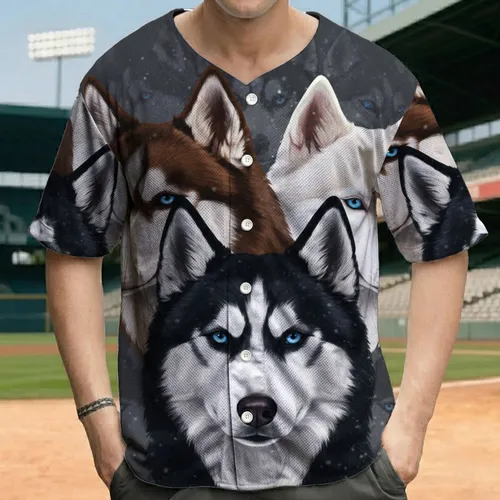 Black White Brown Husky Pack Ice Blue Eyes Deep Charcoal Background - Husky Lover Gift Baseball Jersey